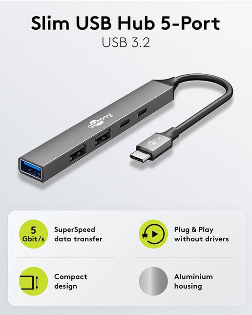Concentrador USB delgado de 5 puertos, USB-C™ a USB-C™/USB-A, 5 Gbit/s
