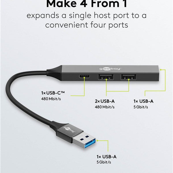 Concentrador USB delgado de 4 puertos, USB-A a USB-C™/USB-A, 5 Gbit/s