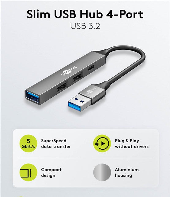 Concentrador USB delgado de 4 puertos, USB-A a USB-C™/USB-A, 5 Gbit/s