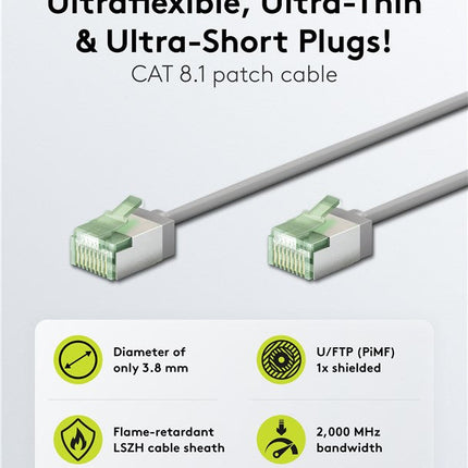 Ultra-flexibele dunne CAT 8.1-patchkabel U/FTP 0.25M grijs