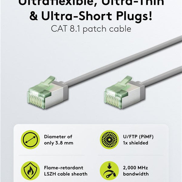 Cable de conexión CAT 8.1 ultraflexible y delgado U/FTP de 0,15 m, color gris 