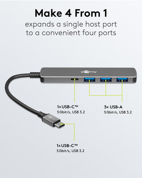 Slim 4-Port USB Hub, USB-C™ to USB-C™/USB-A, 5 Gbit/s