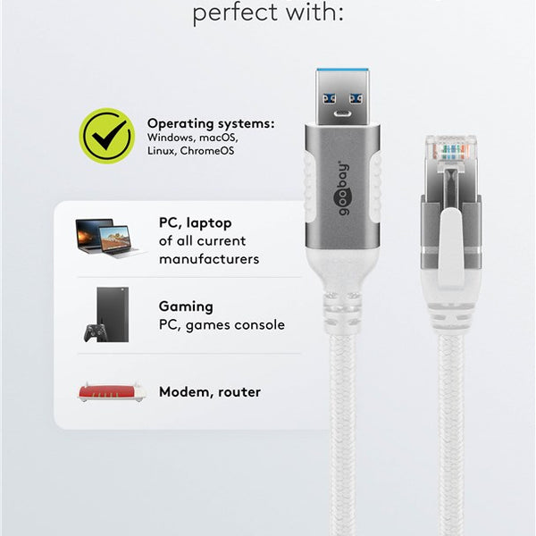 Cable Ethernet USB-A 3.0 a RJ45 de 3 m, blanco 