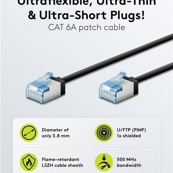 Cable de conexión CAT 6A ultraflexible y delgado U/FTP de 0,15 m, color negro