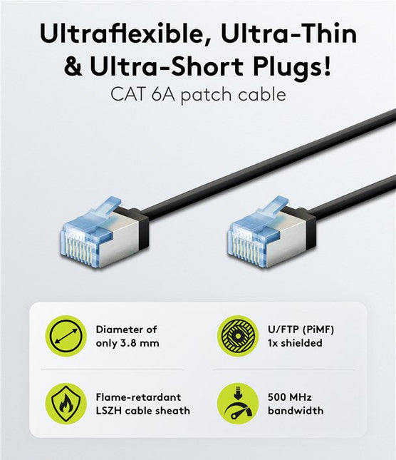 Cable de conexión CAT 6A ultraflexible y delgado U/FTP de 0,15 m, color negro
