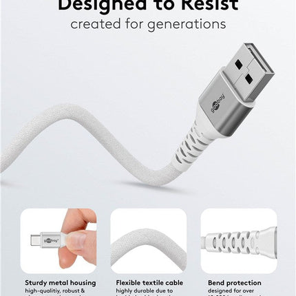 Cable textil flexible de silicona USB-C a USB-A de 2 m, color blanco