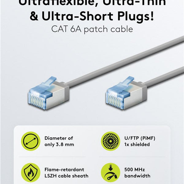Cable de conexión CAT 6A ultraflexible y delgado U/FTP de 15 m, color gris