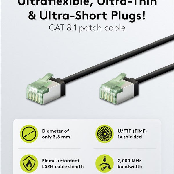 Cable de conexión CAT 8.1 ultraflexible y delgado U/FTP de 0,15 m, color negro 