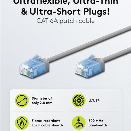 Ultra-flexible thin CAT 6A patch cable U/UTP 7.5M gray