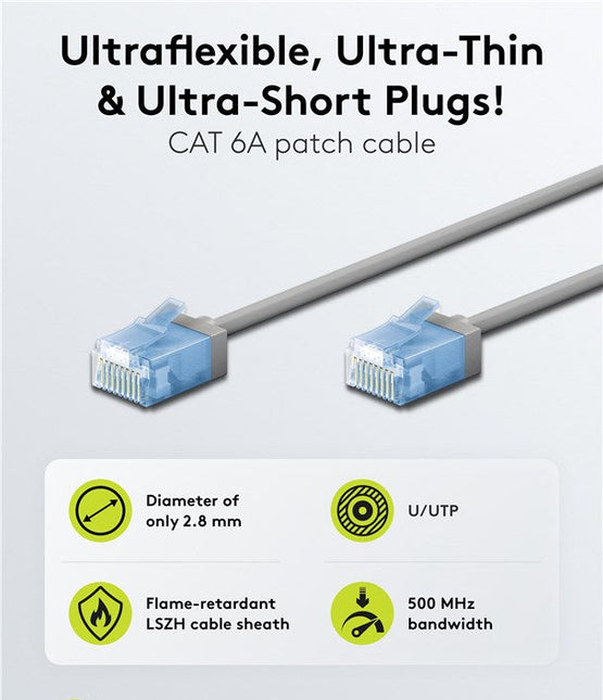 Cable de conexión CAT 6A ultraflexible y delgado U/UTP de 0,5 m, color gris