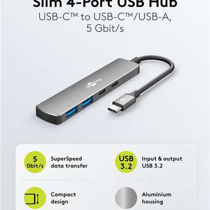 Slim 4-Port USB Hub, USB-C™ to USB-C™/USB-A, 5 Gbit/s