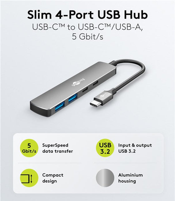 Concentrador USB delgado de 4 puertos, USB-C™ a USB-C™/USB-A, 5 Gbit/s