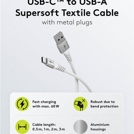 Cable textil flexible de silicona USB-C a USB-A de 2 m, color blanco