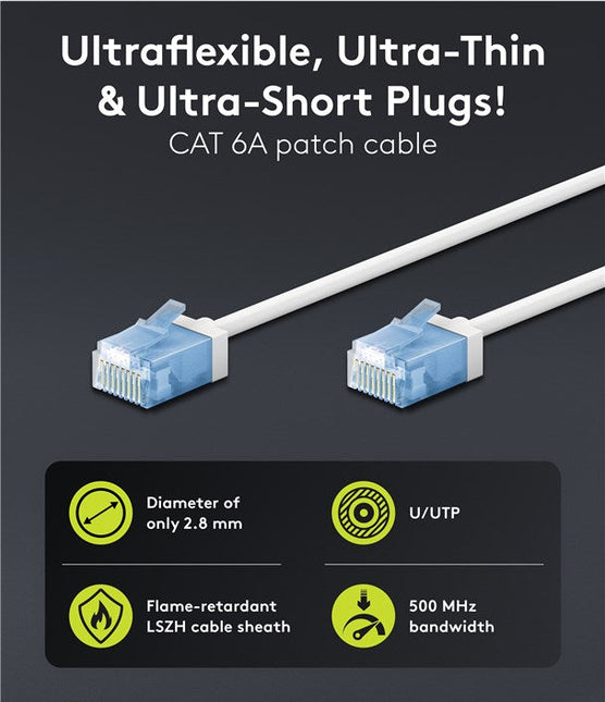 Cable de conexión CAT 6A ultraflexible y delgado U/UTP de 15 m, color blanco