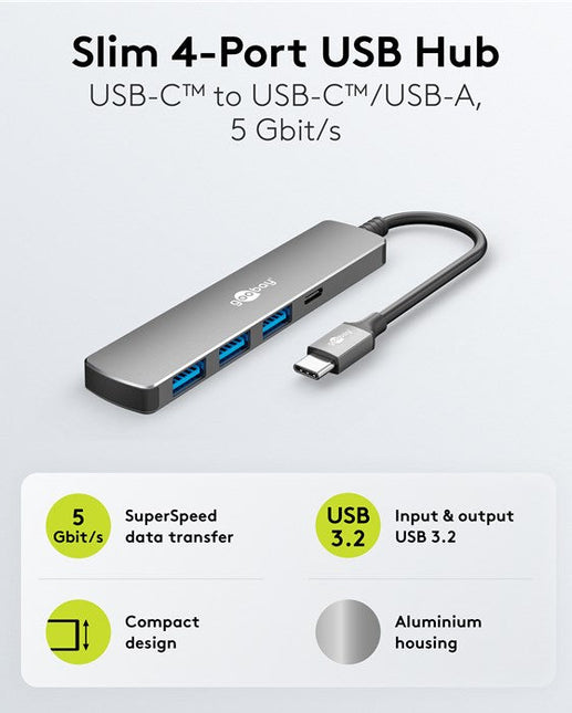 Concentrador USB delgado de 4 puertos, USB-C™ a USB-C™/USB-A, 5 Gbit/s