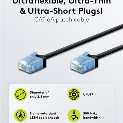Ultra-flexible thin CAT 6A patch cable U/UTP 2M black