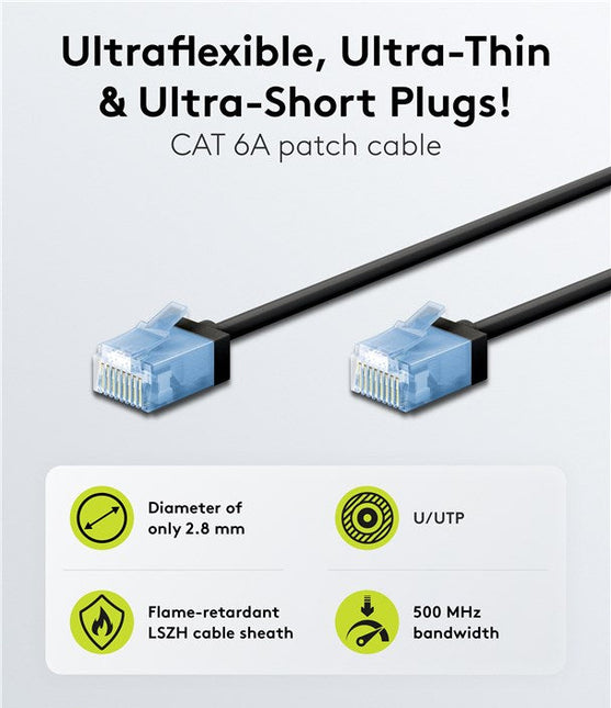 Cable de conexión CAT 6A ultraflexible y delgado U/UTP de 15 m, color negro