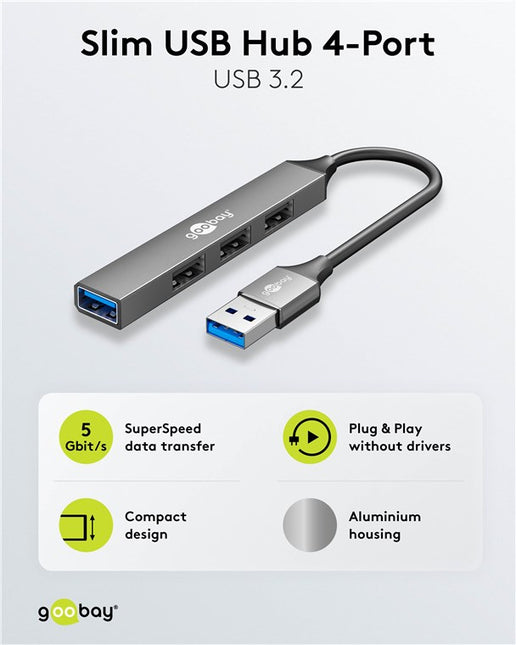 Concentrador USB delgado de 4 puertos: USB-A a 4 puertos USB-A (5 Gbps)