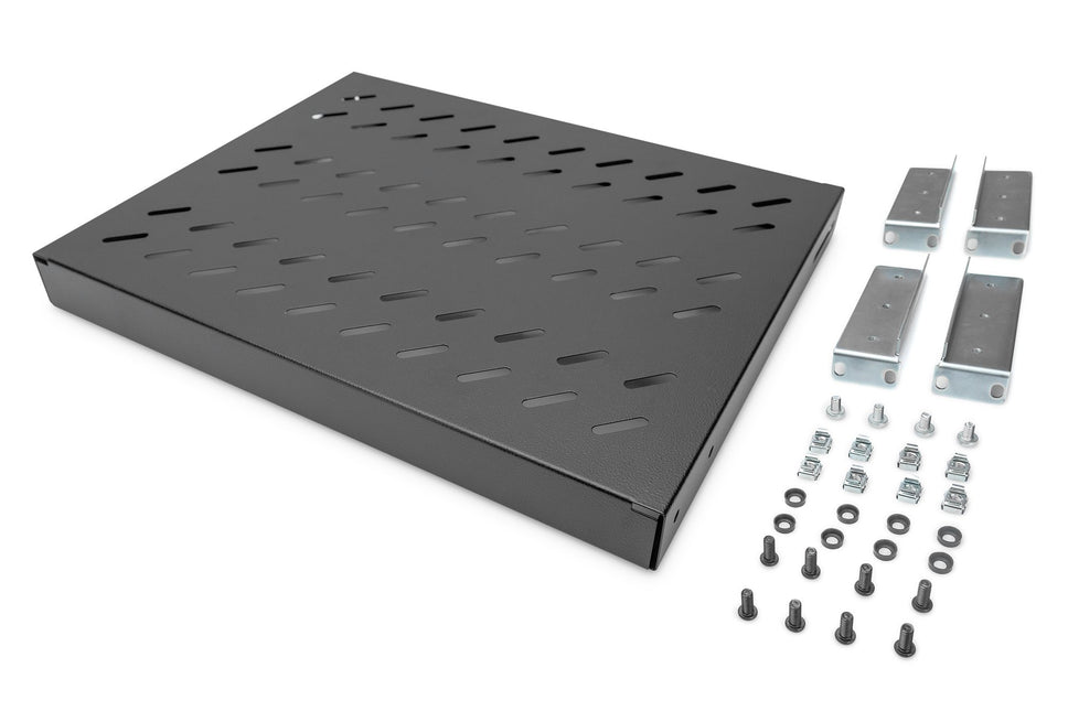 Estante 1U de 19 pulgadas para racks de 600 mm de profundidad 43x483x358 mm, ajustable hasta 550 mm de profundidad, color negro