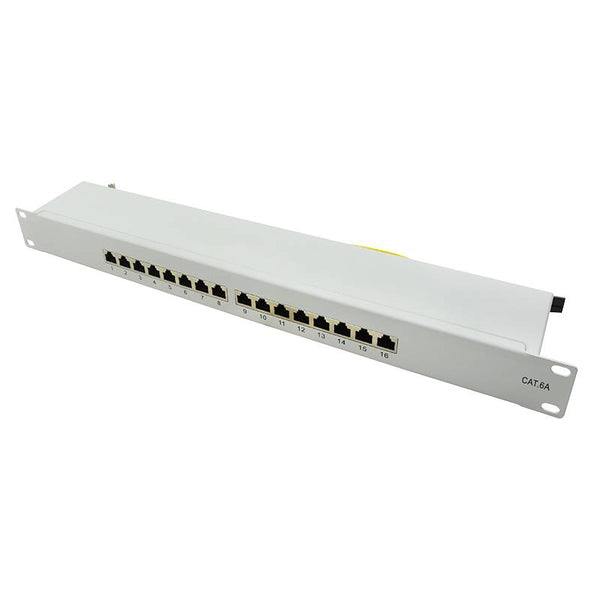 Panel de conexión CAT6a de 16 puertos STP 1U gris