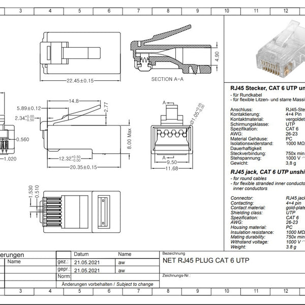 Conector CAT6 RJ45 - UTP 10 piezas para cable flexible y rígido