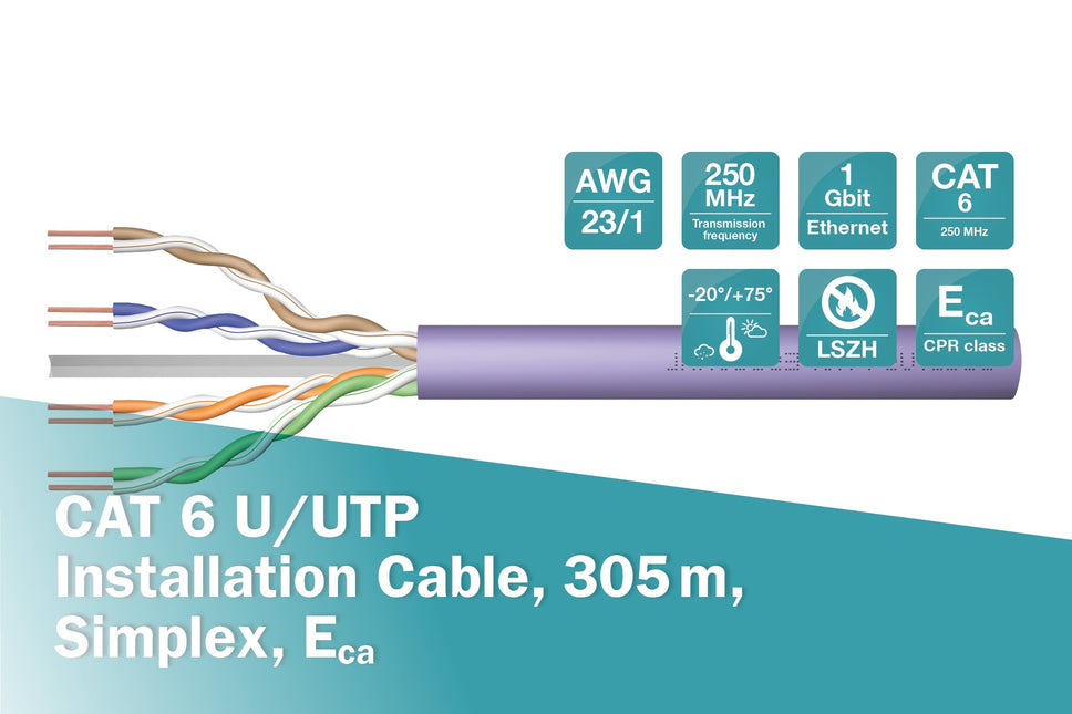 Cable de red UTP CAT6 rígido, 305 m, 100 % cobre, color morado