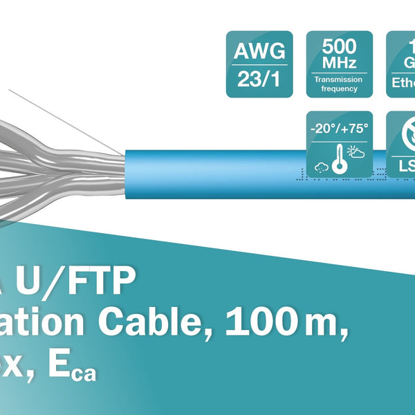Cable de red U/FTP CAT6a, rígido, 100 m, azul, 100 % cobre