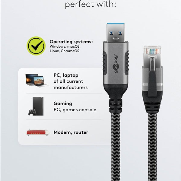 Cable Ethernet USB-A 3.0 a RJ45 de 3 m, color negro 