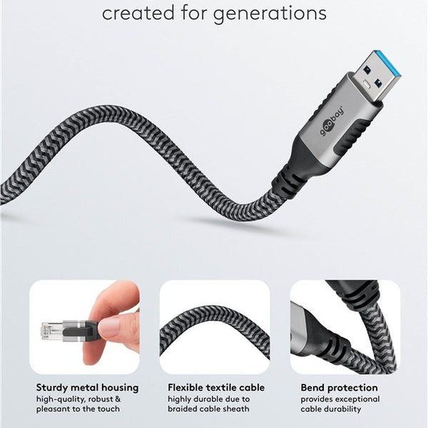 Cable Ethernet USB-A 3.0 a RJ45 de 3 m, color negro 