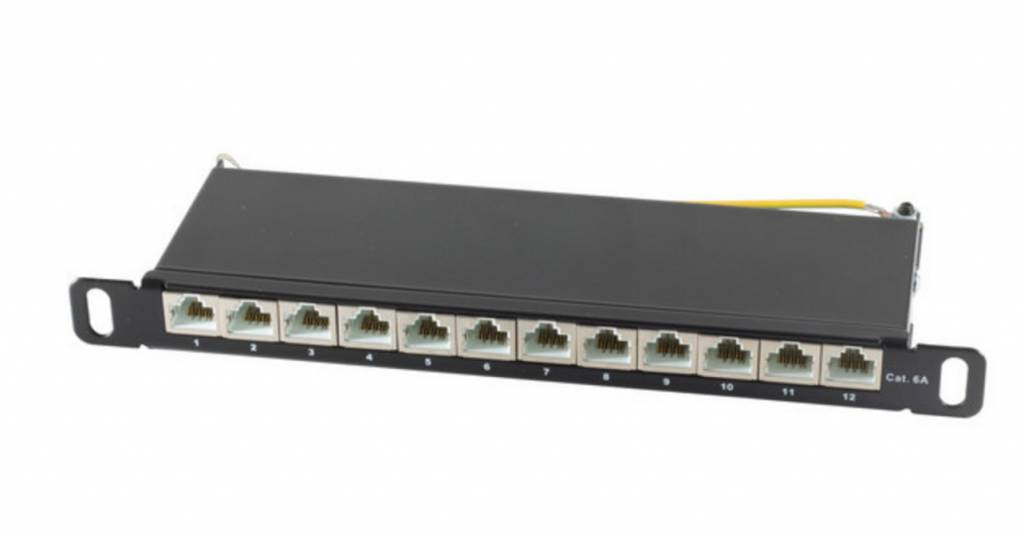 Panel de conexión CAT6a de 10 pulgadas delgado, 12 puertos, 0,5 U