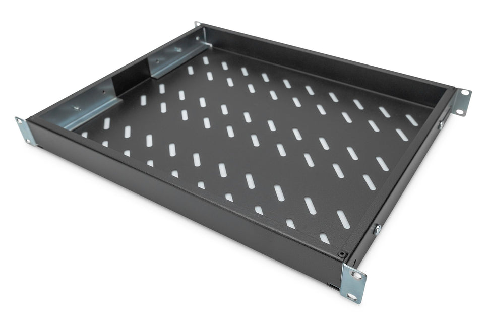 Estante 1U de 19 pulgadas para racks de 600 mm de profundidad 43x483x358 mm, ajustable hasta 550 mm de profundidad, color negro