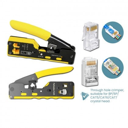 Alicates de crimpado para conectores RJ45, RJ11 y RJ12 de tipo pasante