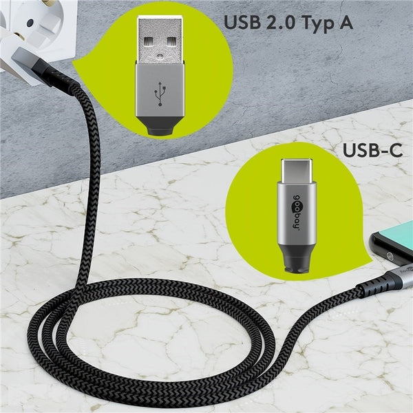 Cable textil USB-C a USB-A de 1 m con conectores metálicos 